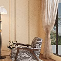 Elegant Floor Lamp With Lace Shade In Living Room Decorative Paintings Armchair And White Flowers