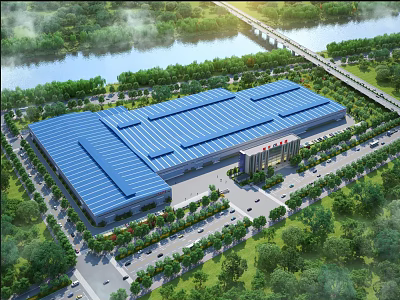 Industrial Factory Building With Blue Roof Large Structure Surrounded by Greenery and Roads Nearby River 3d model