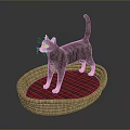 Gray Cat With Yellow Eyes Standing On Wicker Basket With Red Plaid Cushion