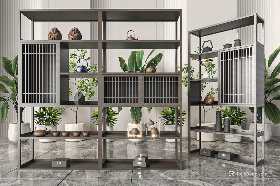 Modern Gardening Ornaments Display On Multi Layered Shelves With Green Plants And Decorative Pots 3d model 