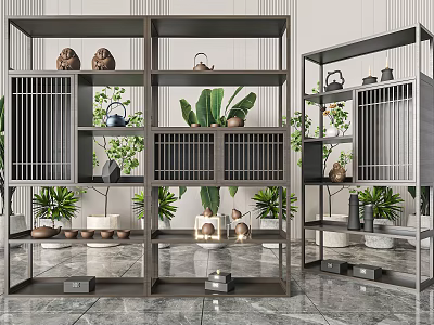 Modern Gardening Ornaments Display On Multi Layered Shelves With Green Plants And Decorative Pots 3d model