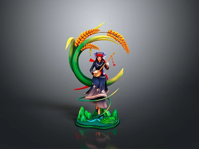 Traditional Figurine Sculpture With Wheat Ears Green Curved Structure And Base 3d model