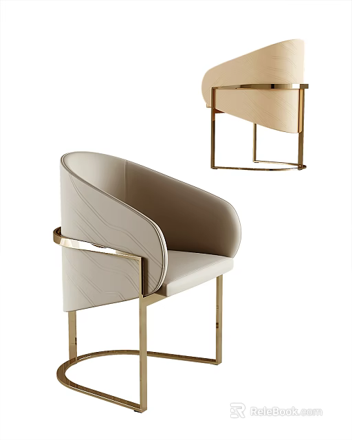 Beige Upholstered Accent Chair With Curved Backrest And Gold Metal Frame 3d model 