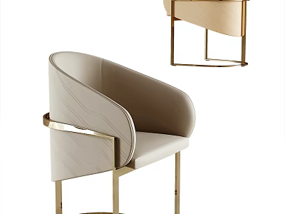 Beige Upholstered Accent Chair With Curved Backrest And Gold Metal Frame 3d model