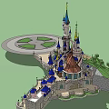 Ancient Architecture Castle With Blue Spires Towers Colorful Decorations And Green Lawns