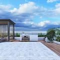 Sunny Outdoor Patio With Wooden Deck Marble Countertop Green Plants And Coastal View