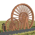 Rural Landscape With Large Wooden Water Wheels And Golden Wheat Fields Under Blue Sky