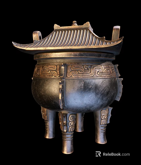 Traditional Bronze Tripod Garden Ornament Featuring Lidded Top And Intricate Patterns 3d model 