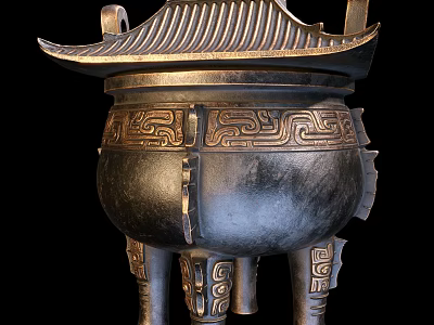 Traditional Bronze Tripod Garden Ornament Featuring Lidded Top And Intricate Patterns 3d model