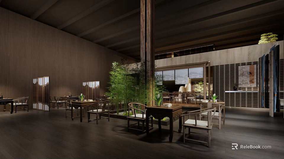 Traditional Chinese Restaurant With Wooden Tables Chairs Bamboo Plants And Natural Light 3d model 