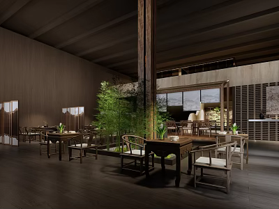 Traditional Chinese Restaurant With Wooden Tables Chairs Bamboo Plants And Natural Light 3d model