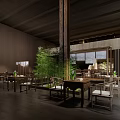 Traditional Chinese Restaurant With Wooden Tables Chairs Bamboo Plants And Natural Light