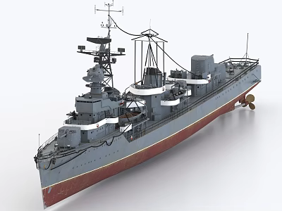 Detailed Warship Model With Gray Hull Red Bottom Turrets And Antennas 3d model