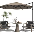 Outdoor Table Set with Beige Parasol and Wooden Chairs for Patio with Potted Plant Decor