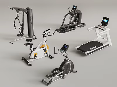 Various Fitness Equipment Collection Featuring Elliptical Trainer Stationary Bike Treadmill and Strength Machine 3d model