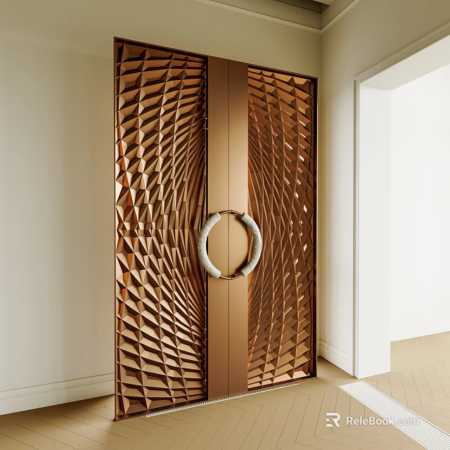 Modern Copper Geometric Pattern Door With Circular Ring Handle And Intricate Design 3d model 