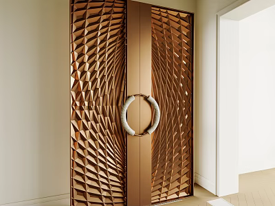 Modern Copper Geometric Pattern Door With Circular Ring Handle And Intricate Design 3d model