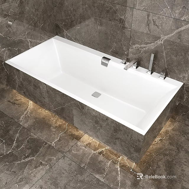 Elegant Modern White Bathtub with Marble Wall and Floor Lighting 3d model 