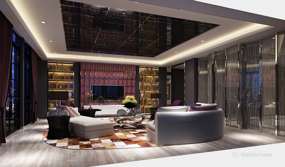 Modern Living Room Interior With Mirrored Ceiling Pink Padded TV Wall Bookshelves Checkered Rug Sofas 3d model 