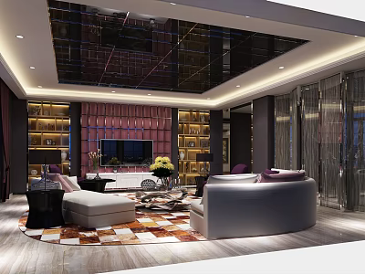 Modern Living Room Interior With Mirrored Ceiling Pink Padded TV Wall Bookshelves Checkered Rug Sofas 3d model