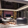Modern Living Room Interior With Mirrored Ceiling Pink Padded TV Wall Bookshelves Checkered Rug Sofas