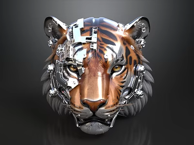 Mechanical Tiger Head Design With Metal And Fur Elements And Yellow Eyes 3d model