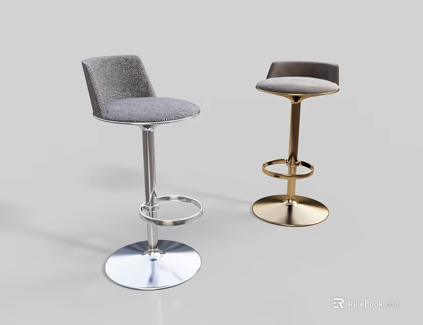 Modern Design Bar Stools With Gray Upholstered Seats And Silver Gold Metal Bases 3d model 