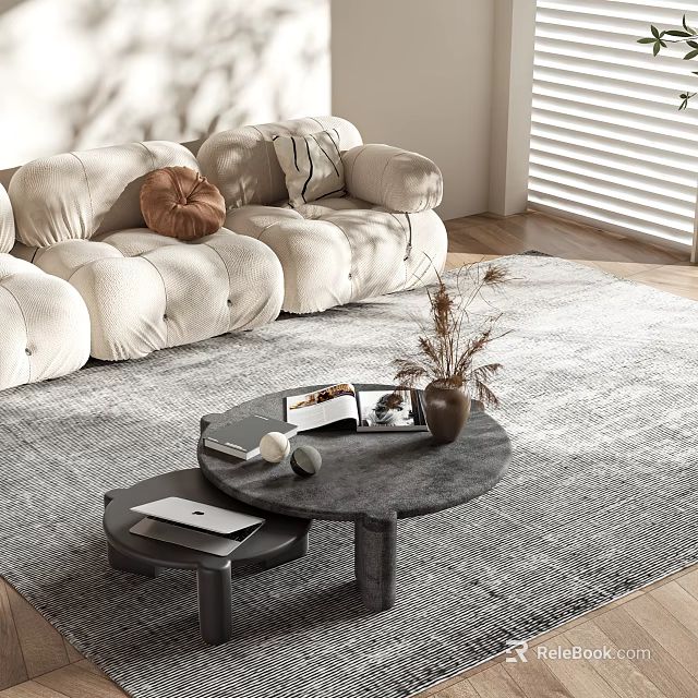 Modern Restaurant With Light Colored Sofa Black Round Dining Table Magazines And Dried Flower Vase 3d model 