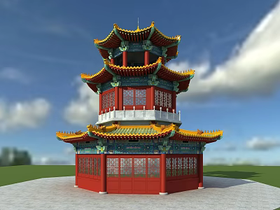 Ancient Chinese Architecture Tower With Curved Eaves Colorful Roof Red Doors Windows Under Blue Sky 3d model