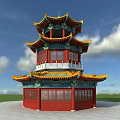 Ancient Chinese Architecture Tower With Curved Eaves Colorful Roof Red Doors Windows Under Blue Sky