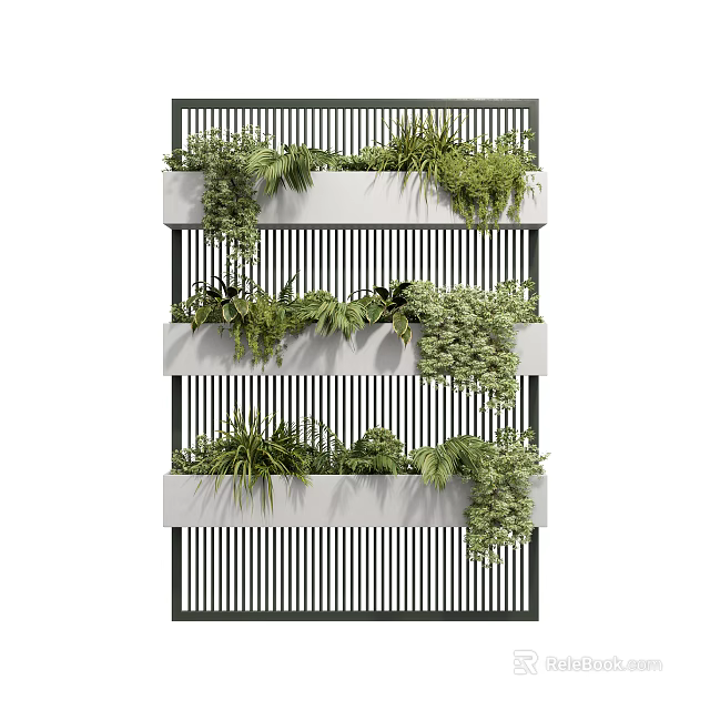 Vertical Tiered Bonsai Potted Plants In White Planters With Green Foliage And Black Slatted Backdrop 3d model 