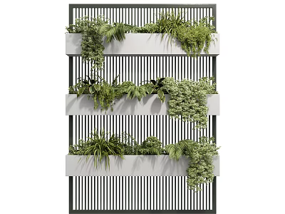Vertical Tiered Bonsai Potted Plants In White Planters With Green Foliage And Black Slatted Backdrop 3d model