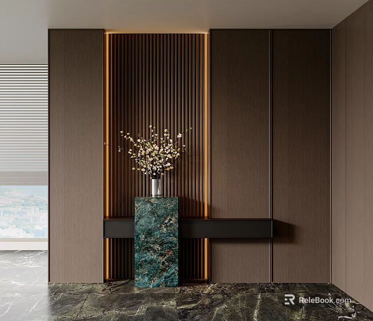 Modern Foyer Hallway With Dark Brown Walls Wooden Slats And Green Marble Console Table 3d model 