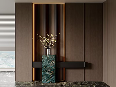 Modern Foyer Hallway With Dark Brown Walls Wooden Slats And Green Marble Console Table 3d model