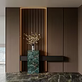 Modern Foyer Hallway With Dark Brown Walls Wooden Slats And Green Marble Console Table