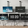Multiple Televisions on Stands and Wall Mounts Displaying Various Content Screens