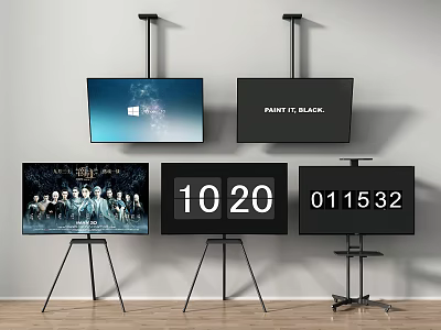 Multiple Televisions on Stands and Wall Mounts Displaying Various Content Screens 3d model