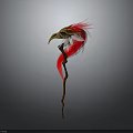 Mystical Weapon Staff Featuring Bird Head Decor And Red White Feathers On Wooden Handle