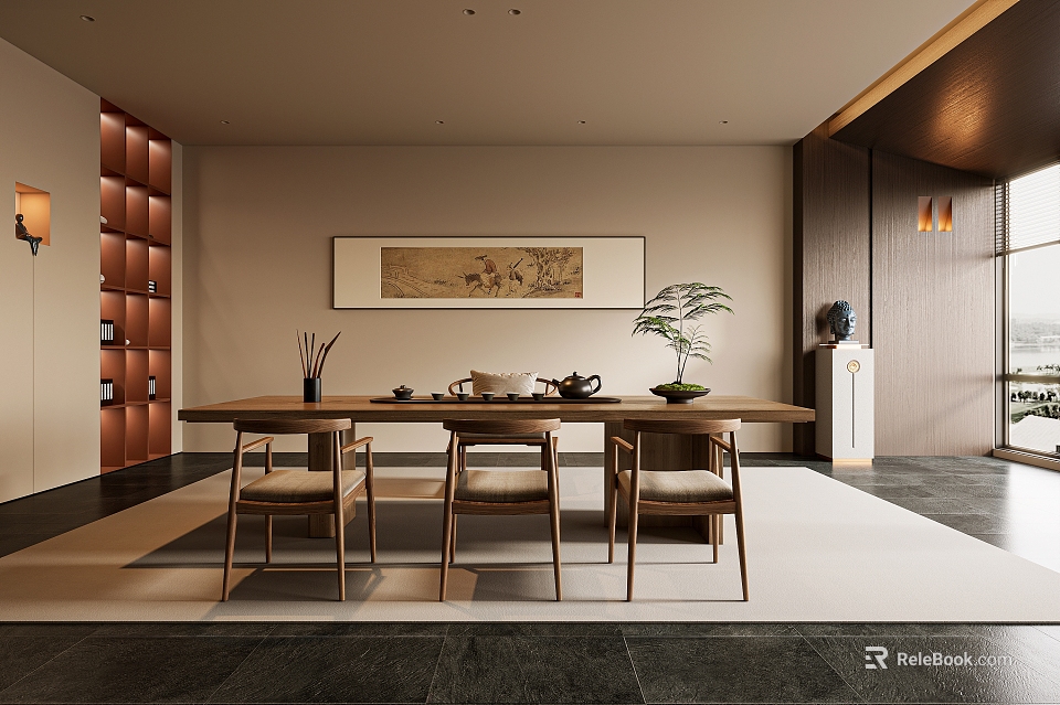 Traditional Tea Room Interior With Wooden Table Chairs And Decorations 3d model 