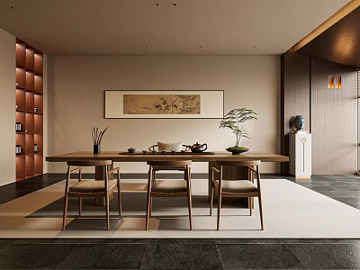 Traditional Tea Room Interior With Wooden Table Chairs And Decorations 3d model