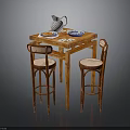 Wooden Dining Table With High Wicker Chairs Water Jug And Decorative Plates