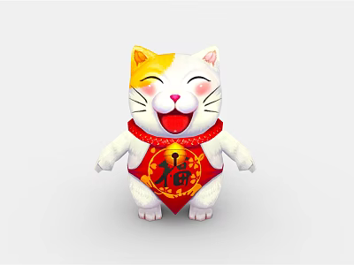 Festive White Lucky Cat Decorative Ornament Set With Red Scarf And Fu Character 3d model