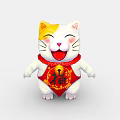 Festive White Lucky Cat Decorative Ornament Set With Red Scarf And Fu Character