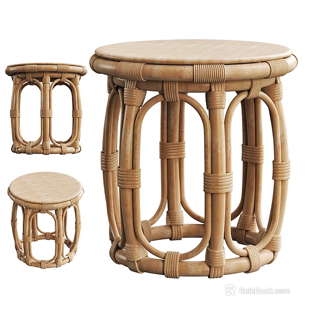 Natural Handwoven Rattan Stools With Various Sizes Classic Design For Home Interior 3d model 