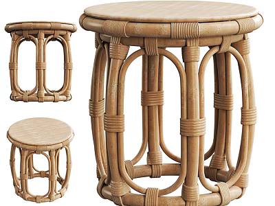 Natural Handwoven Rattan Stools With Various Sizes Classic Design For Home Interior 3d model