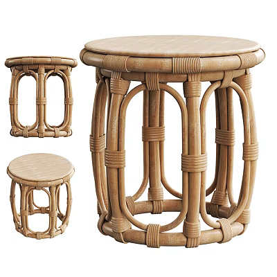 Natural Handwoven Rattan Stools With Various Sizes Classic Design For Home Interior 3d model