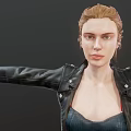 Woman Wearing Black Leather Jacket Striped Yellow Black Dress Yellow High Heels with Arms Outstretched