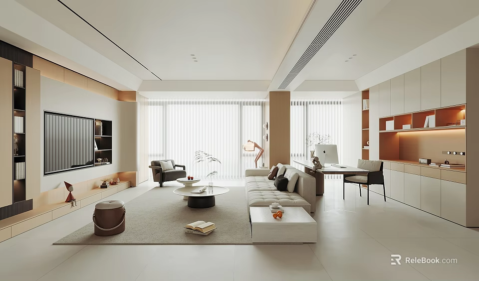 Modern Living Dining Room Interior With Large Windows Sofa And Coffee Table 3d model