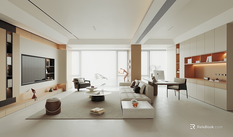 Modern Living Dining Room Interior With Large Windows Sofa And Coffee Table 3d model 