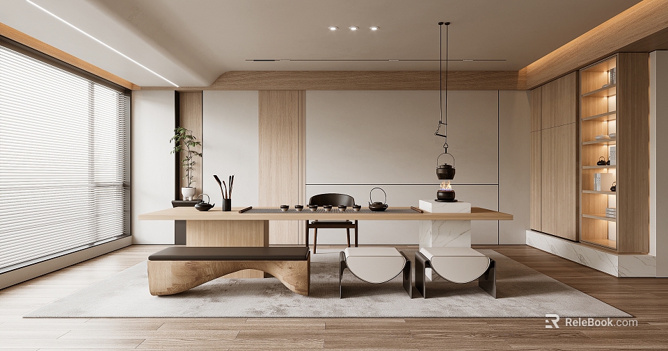 Modern Tea Room Interior With Wooden Table Bench Tea Sets And Natural Light 3d model 